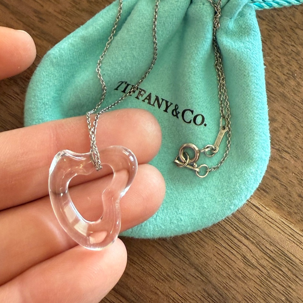 Tiffany & Co Elsa Peretti Carved Rock Crystal Open Heart Pendant Necklace 22mm